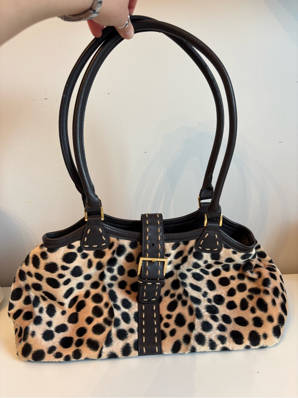 Vintage Y2K Lucci Handbag Leopard Print Shoulderbag Faux Fur Black Trim Buckle